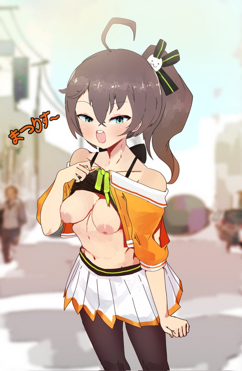 ahoge blue_eyes breasts brown_hair hololive hololive_gen_1 hololive_japan meweeze miniskirt natsuiro_matsuri open_mouth pantyhose ponytail shirt_lift virtual_youtuber