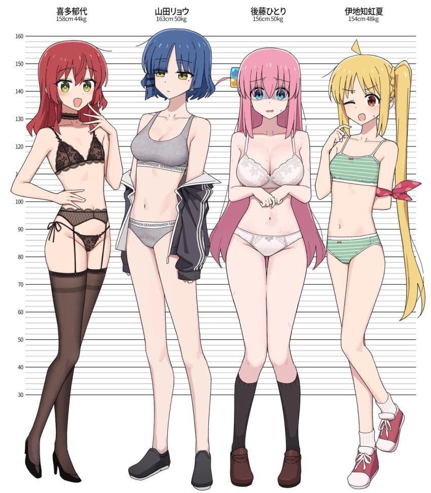 4girls adidas blue_eyes blue_hair bocchi_the_rock! boots bored canon caststation female female_only gotou_hitori green_eyes heels height_chart ijichi_nijika information kita_ikuyo lingerie long_hair medium_breasts multiple_girls pink_hair red_eyes red_hair short_hair small_breasts stockings weight worried yamada_ryou yellow_hair