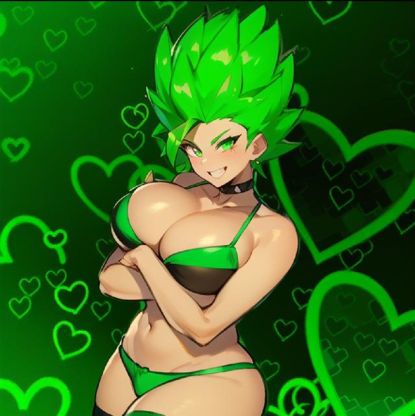 1girls ai_generated arms_crossed_under_breasts cleavage dragon_ball dragon_ball_oc female female_saiyan green_eyes green_hair green_lingerie heart heart_background huge_breasts lingerie looking_at_viewer smiling smiling_at_viewer stoney_(oc)