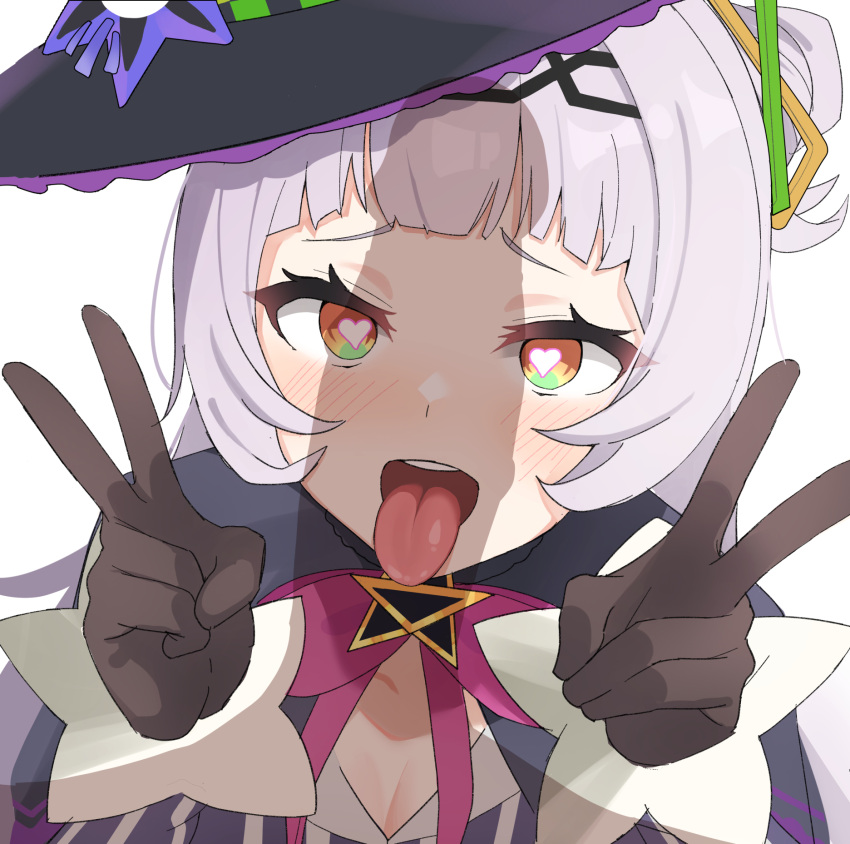 :d black_gloves blush brown_eyes double_v female gloves hair_ornament hairband hat heart heart-shaped_pupils highres hololive hololive_gen_2 hololive_japan looking_at_viewer mitarashinejiri murasaki_shion penis_awe penis_shadow purple_hair simple_background smile solo symbol-shaped_pupils teeth tongue tongue_out v virtual_youtuber white_background witch_hat