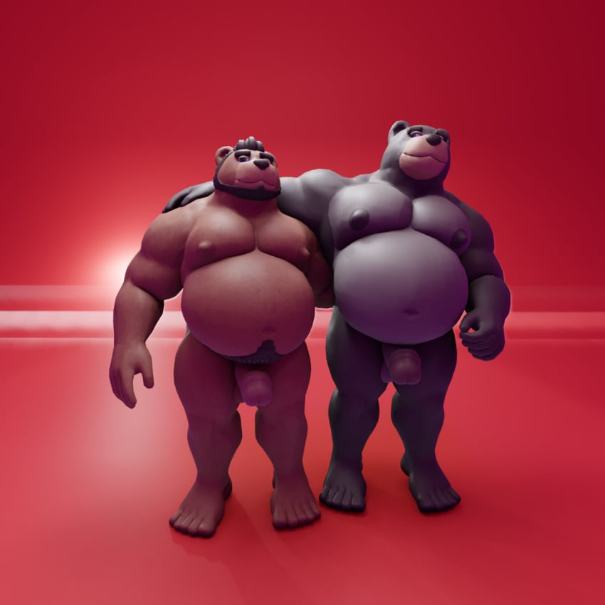 3d_(artwork) alanottaviano anthro barazoku bear belly black_bear brown_bear brown_body brown_fur digital_media_(artwork) duo fur genitals grizzly_bear hi_res male male/male mammal musclegut muscular muscular_male overweight overweight_male penis ursine