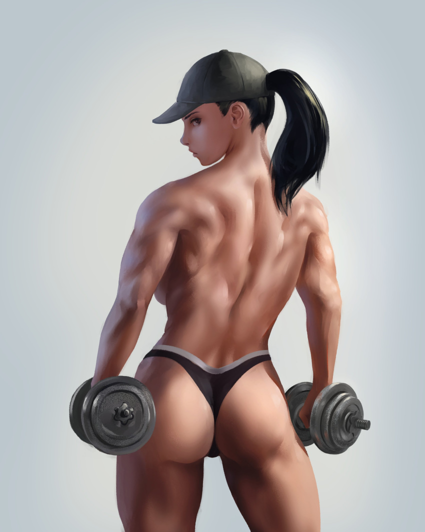 1girls ass back_muscles back_view backboob black_hair brown_eyes butt_crack cap commission dumbbell grey_background holding_dumbbell looking_at_viewer looking_back medium_hair muscle muscles muscular muscular_arms muscular_back muscular_female muscular_thighs noodle_(5152488) original panties ponytail simple_background solo solo_focus sports_panties sportswear standing toned toned_female topless topless_female turning_head weights