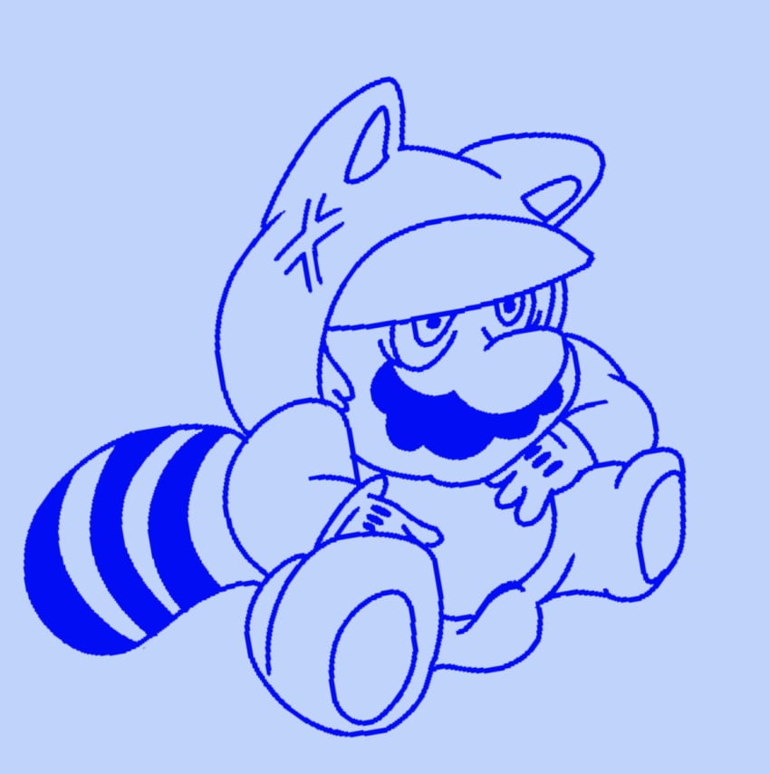 1boy alone anger_vein blue_background boner boner_in_pants enterman erection erection_under_clothes erection_under_clothing male male_only mario mario_(series) monochrome simple_background sitting solo straining super_mario_3d_land tanooki tanooki_mario tanooki_suit vein