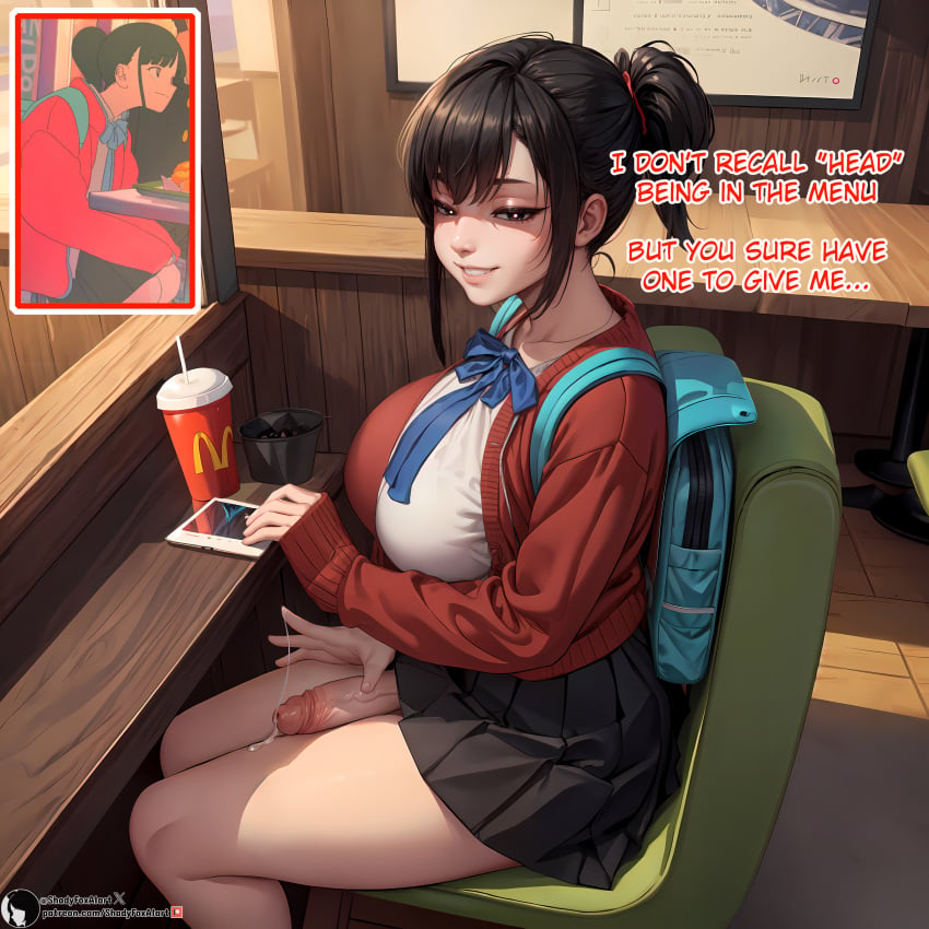 1futa 2023 ai_generated backpack bangs black_eyes black_hair black_skirt bodily_fluids bright_pupils caption drinking dripping dripping_precum english english_text exposed_penis from_above futa_only futanari girlfriend_(japanese_mcdonald's_commercial) half-closed_eyes high_resolution highres inviting inviting_to_oral inviting_viewer light-skinned_futanari light_skin lips looking_at_viewer mcdonald's open_clothes penis penis_out phone playing_with_precum ponytail precum precum_drip precum_play precum_string scrunchie seductive self_upload shadyfox shake shiny_hair shiny_skin sitting skirt smile smug smug_expression smug_face solo solo_focus solo_futa stable_diffusion suggestive suggestive_look sweater talking_to_viewer teeth teeth_showing teeth_visible text thighs uncensored vein veins veiny_penis white_shirt yoru_mac