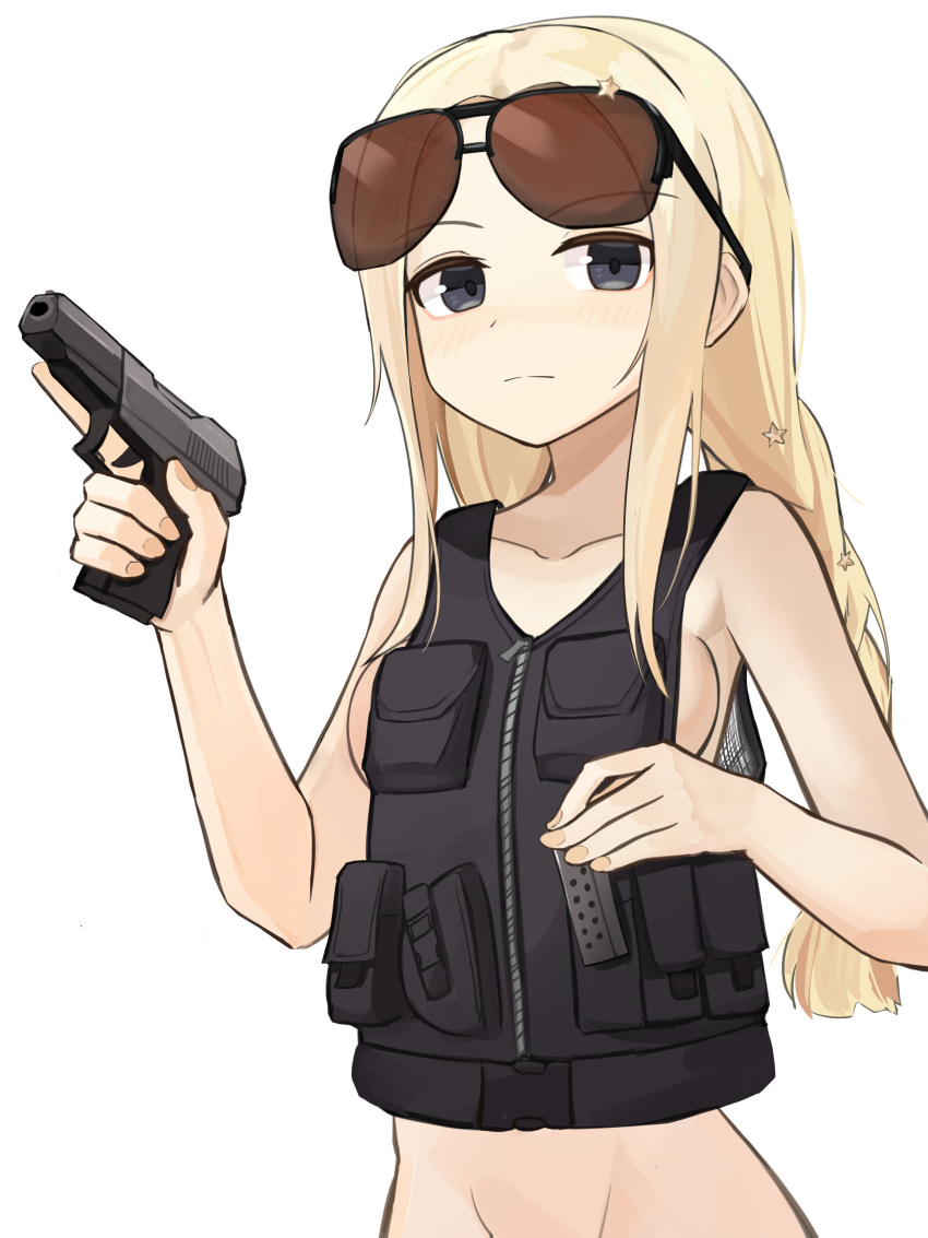 absurdres ammunition_pouch black_vest blonde_hair blue_eyes blush breasts closed_mouth collarbone commission eyewear_on_head female gamryous girls'_frontline groin gun hair_ornament handgun highres holding holding_gun holding_magazine_(weapon) holding_weapon load_bearing_vest long_hair looking_at_viewer magazine_(weapon) naked_vest pixiv_commission pouch serdyukov_(girls'_frontline) serdyukov_sps small_breasts solo sunglasses trigger_discipline v-line vest weapon white_background