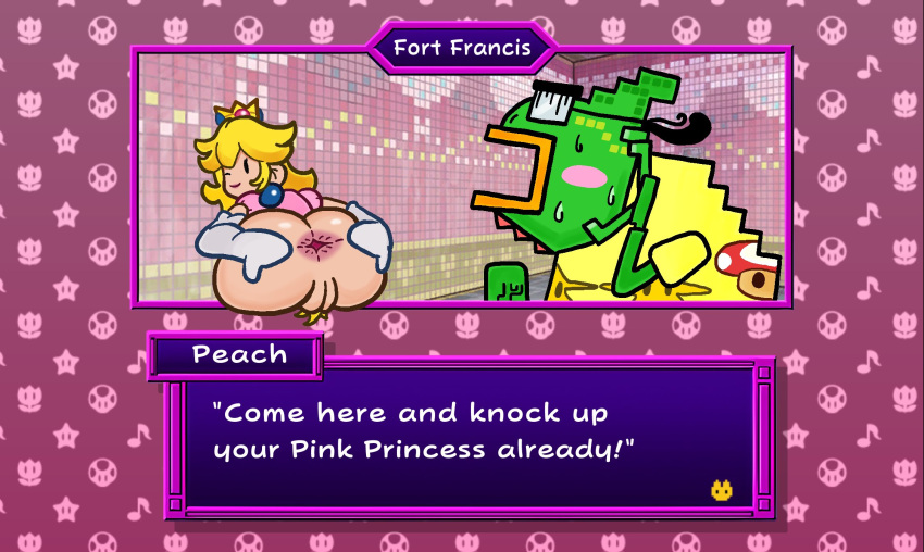 1boy 1girls anthro anus ass big_anus chameleon dialogue english_text female francis_(super_paper_mario) human male mario_(series) osterzonensfw paper_mario paper_peach princess_peach pussy scalie super_paper_mario tagme text