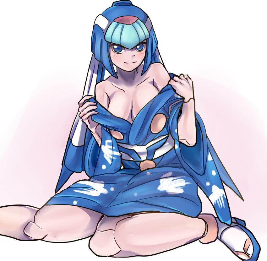 bare_shoulders blue_eyes cleavage clothed fairy_leviathan helmet khongbautroi kimono mega_man mega_man_x_dive mega_man_zero raica_(khongbautroi) robot robot_girl sitting tagme undressing