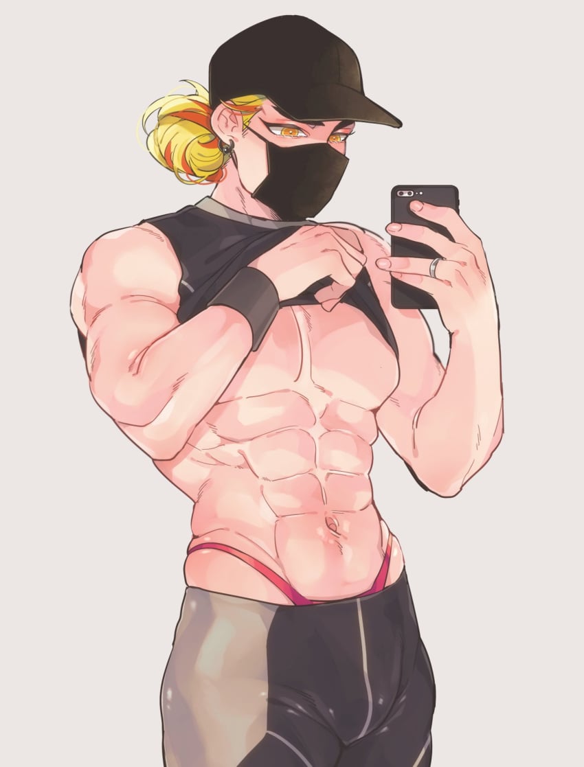 abs alternate_costume baseball_cap blonde_hair demon_slayer earrings gym_clothes hair_bun kimetsu_no_yaiba kyu_717 male male_only mask mouth_mask muscular muscular_male navel pecs phone rengoku_kyoujurou selfie shirt_lift skin_tight sportswear thong thong_above_pants thong_straps tight_clothing two_tone_hair wedding_ring yellow_eyes