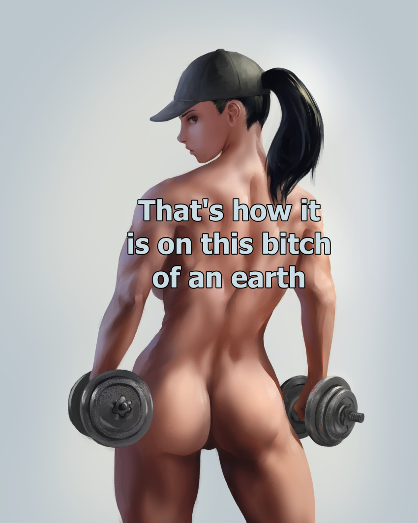 1girls ass back_muscles back_view backboob black_hair brown_eyes butt_crack cap commission dumbbell english_text functionally_nude grey_background holding_dumbbell looking_at_viewer looking_back medium_hair meme meme_reference muscle muscles muscular muscular_arms muscular_back muscular_female muscular_thighs noodle_(5152488) nude original panties ponytail simple_background solo solo_focus standing text toned toned_female topless topless_female turning_head weights