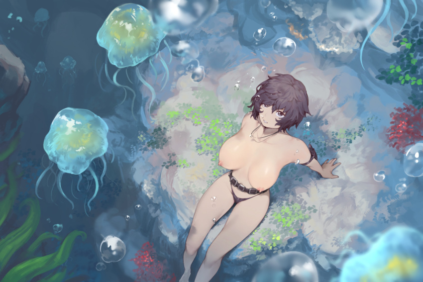 air_bubbles big_breasts bikini_bottom black_eyes black_hair breasts bubbles female hana_(rou) jellyfish necklace nipples original original_character rou_(rou22) topless underwater