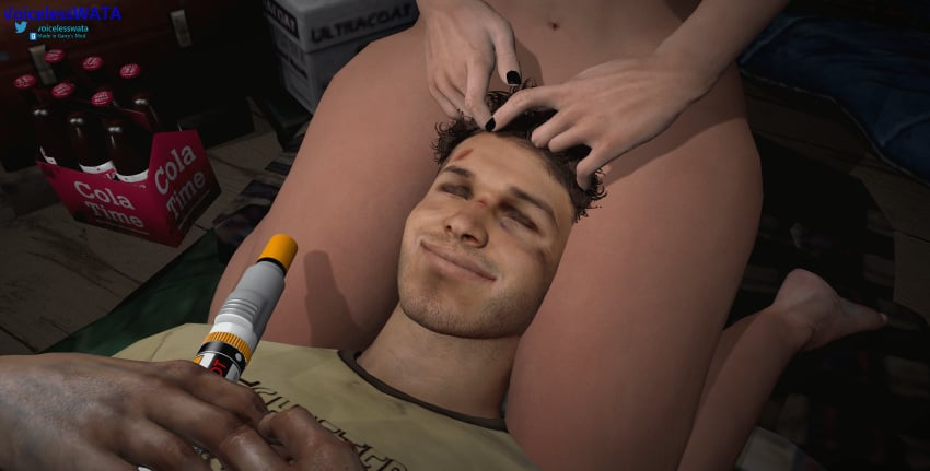 1boy 1girls between_thighs big_thighs ellis garry's_mod head_between_thighs left_4_dead left_4_dead_2 naked_female sleeping stroking_hair thighs touching_hair valve voicelesswata zoey_(left_4_dead)