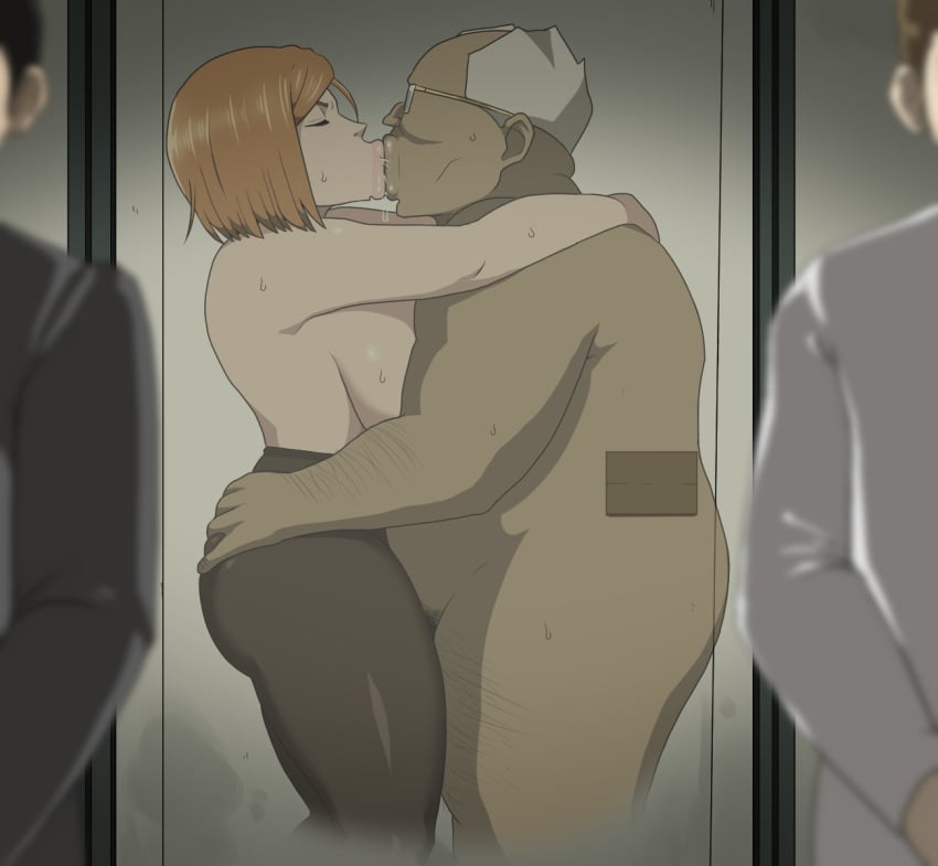 1boy 1girls :>= bathroom bathroom_stall big_breasts closed_eyes embracing fat_man female french_kiss french_kissing grabbing_ass huge_breasts hugging jujutsu_kaisen kissing kugisaki_nobara large_breasts light-skinned_female light_skin lips making_out male older_male orange_hair pantyhose pink_lips pulpawoelbo saliva_drip side_view stall standing straight sweat thick_thighs thighs topless ugly_bastard ugly_man