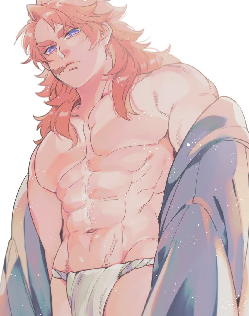 abs aged_up big_pecs blue_eyes demon_slayer facial_scar frown fundoshi japanese_clothes kimetsu_no_yaiba kimono kyu_717 long_hair long_hair_male looking_at_viewer muscular muscular_male navel off_shoulder open_clothes open_kimono orange_hair pecs pink_hair sabito scar thick_eyebrows