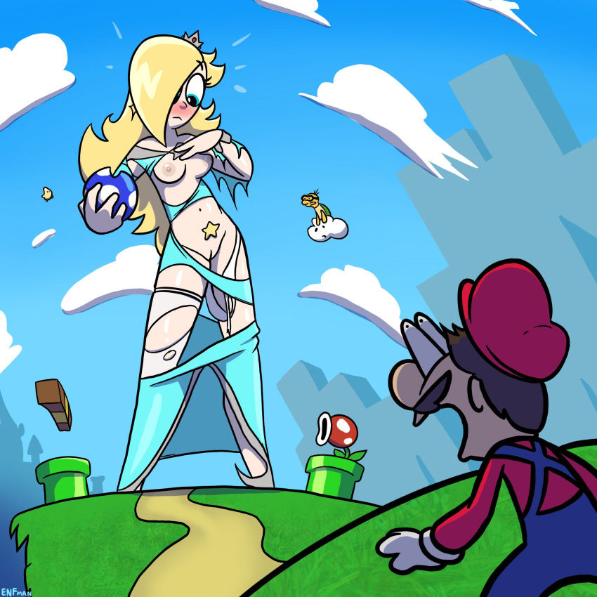 breasts embarrassed_nude_female enf female lakitu male mario mario_(series) mushroom outdoors piranha_plant pogchamp power_up princess_rosalina pussy senftember senftember_(2023) super_mario_bros. theenfman