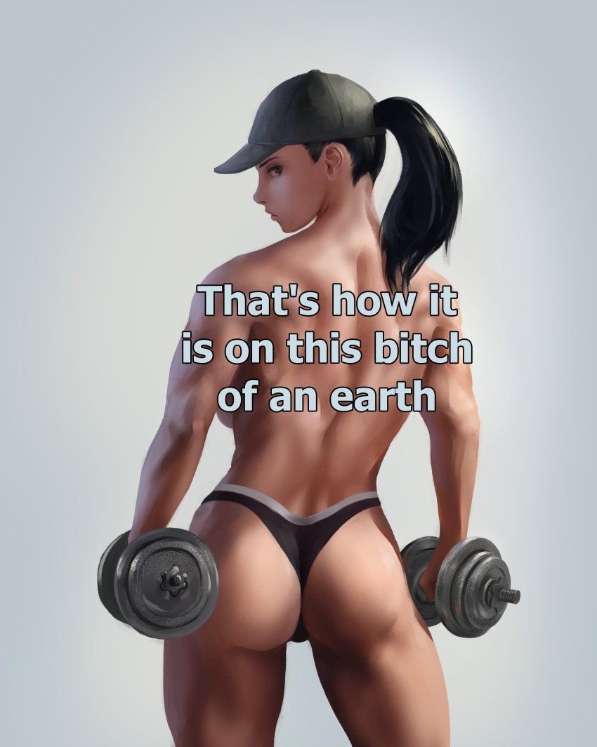 1girls ass back_muscles back_view backboob black_hair brown_eyes butt_crack cap commission dumbbell english_text grey_background holding_dumbbell looking_at_viewer looking_back medium_hair meme meme_reference muscle muscles muscular muscular_arms muscular_back muscular_female muscular_thighs noodle_(5152488) original panties ponytail simple_background solo solo_focus sports_panties sportswear standing text toned toned_female topless topless_female turning_head weights