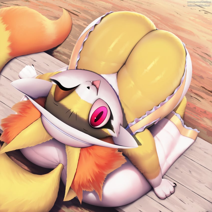 anthro asking_for_it ass big_breasts black_nose breast_focus breasts canid cleavage clothed clothed_female clothing dress female fennekin from_above from_above_view furry game_freak generation_6_pokemon hat huge_breasts looking_at_viewer looking_up mammal niki_(dofunut) nintendo one_eye_closed open_mouth orange_fur pokemon pokemon_(species) red_eyes seductive sitting tail thousandfoldfeathers white_fur wink yellow_fur