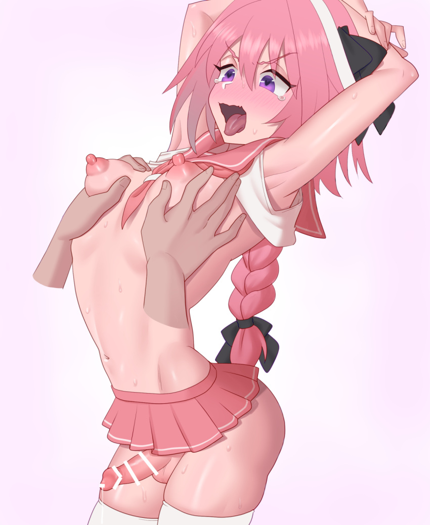 1boy 1femboy 2023 2boys astolfo_(fate) canon_crossdressing censor_bar censored censored_penis colored crossdressing fate_(series) femboy legwear male_focus male_only man_boobs microskirt nipples pectoral_grab pectorals penis pink_hair precum precum_drip purple_eyes simple_background skirt takowa_samaru tongue tongue_out top trap twink white_legwear