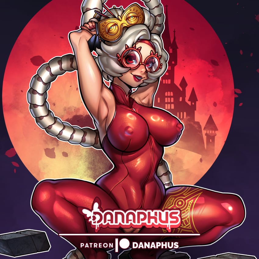 big_breasts bodysuit catsuit danaphus fanart female glasses huge_breasts latex_suit patreon purah purah_(tears_of_the_kingdom) red_eyes tears_of_the_kingdom tentacle the_legend_of_zelda tied_hands white_hair