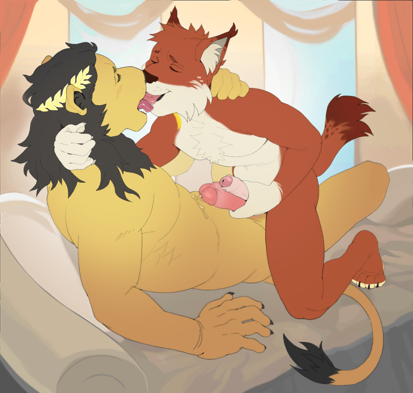 anthro bed bilyonaire claws crown drapes duo felid feline frottage fur furniture goldenlynx headgear hi_res kissing licking_tongue lion lynx male male/male mammal mane morgwyn muscular muscular_male pantherine tan_body tan_fur tongue tuft yellow_body yellow_fur