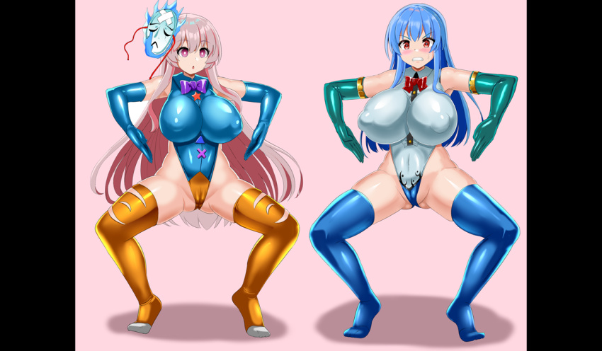 2girls bodysuit breasts haigure haigure_pose hata_no_kokoro honda_takaharu large_breasts tenshi_hinanawi touhou