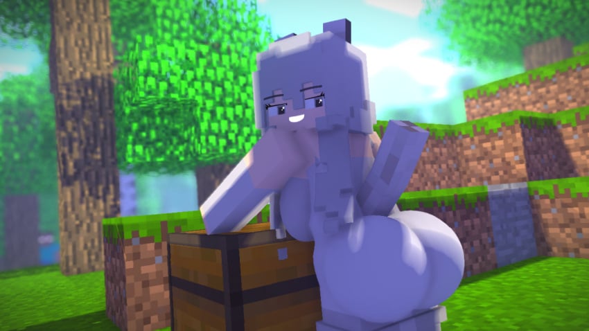 ass big_ass big_breasts big_butt breasts female forest leaning looking_back lucy_the_wolf minecraft mystic100 pale_wolf_(minecraft) smiling wolf_(minecraft)