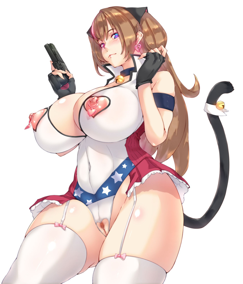 1girls aged_up blue_eyes breasts brown_hair cat_tail collar crotch_cutout crotchless curvaceous curvy earrings exposed_nipples exposed_pussy garter_straps girls'_frontline gun hairy_pussy heart-shaped_pupils huge_breasts leotard mature_female milf mk23_(girls'_frontline) nipple_cutout nipple_piercing nippleless_clothes plump pubic_hair pussy red_eyes revealing_clothes slutty_outfit solo thick_thighs thighhighs voluptuous yui.h