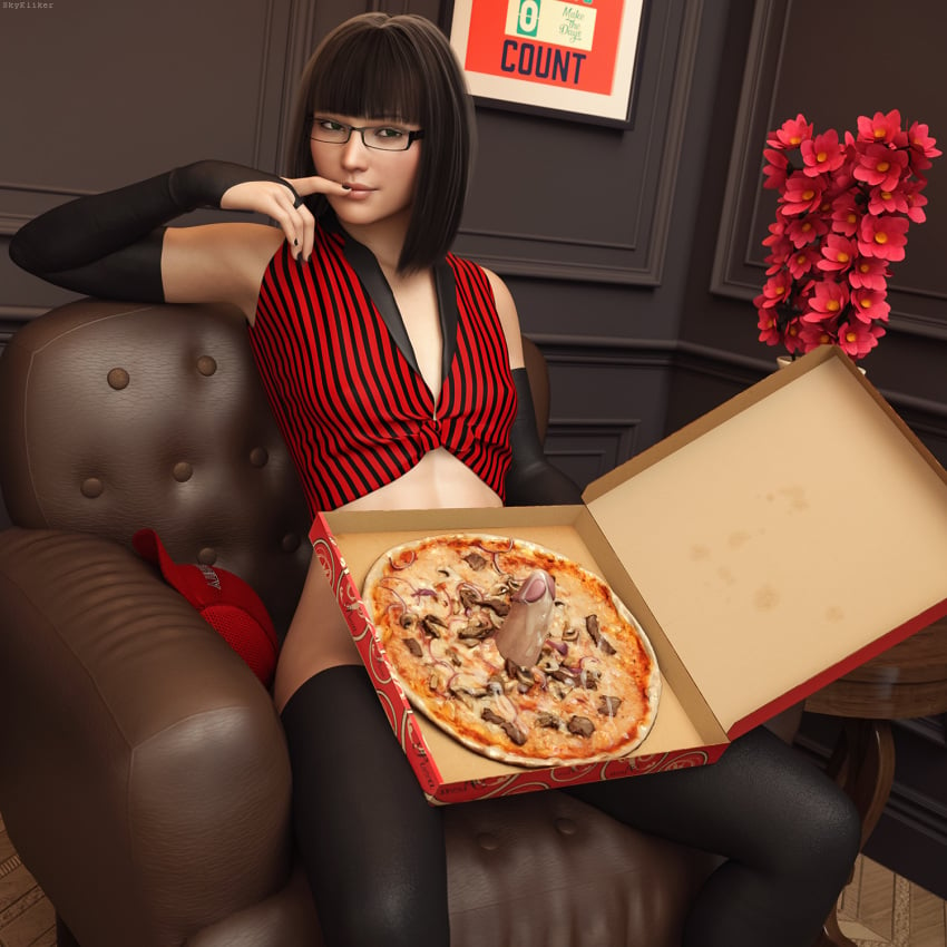 1femboy 3d alice_(skykliker) black_hair cleavage cum cum_in_food cum_on_food cum_on_penis cum_volcano dickgirl erection femboy intersex large_penis looking_at_viewer naughty_face original penis pizza pizza_delivery pizza_girl skykliker smile spread_legs thighhighs thighs trap