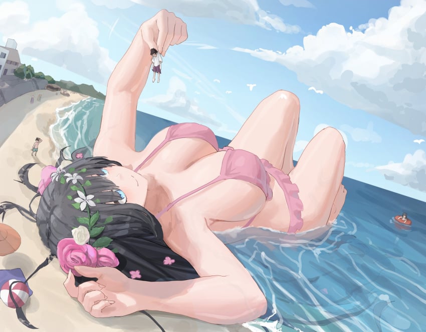 anime_style beach bikini black_hair blue_eyes boat bra day fingers flowers_in_hair giantess hands holding in_water kazawappa long_hair macrophilia ocean people pink_bikini pink_bra sand shrunk sky tiny_person twitter umbrella vore water