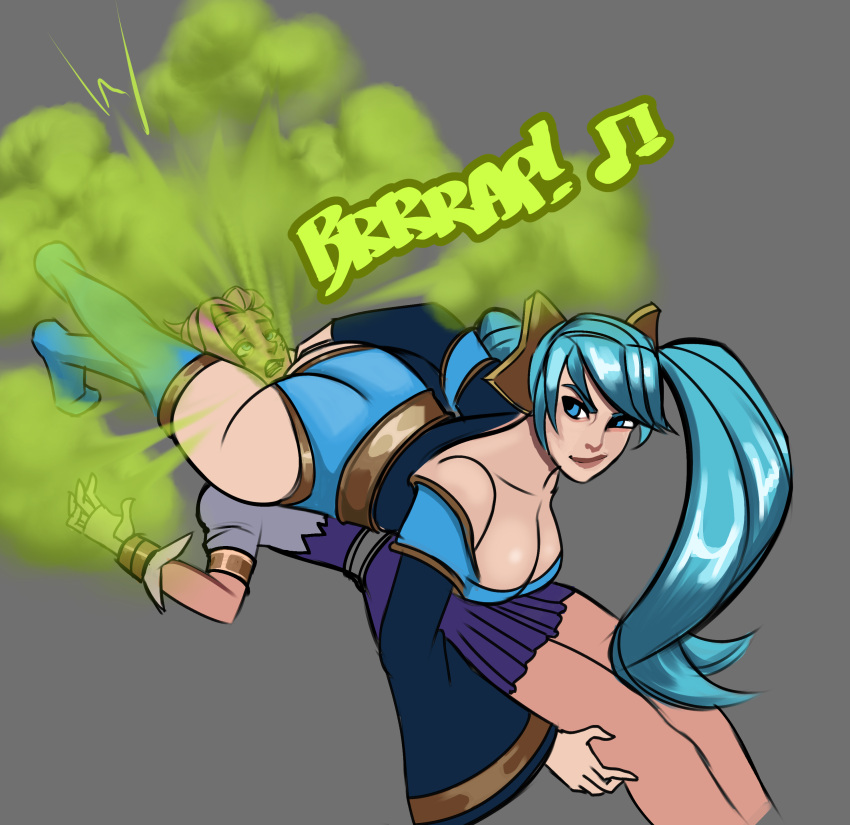 blue_panties cyan_hair fart fart_cloud half-closed_eyes league_of_legends leg_lock leg_scissors lolotron6 seraphine_(league_of_legends) sona_buvelle