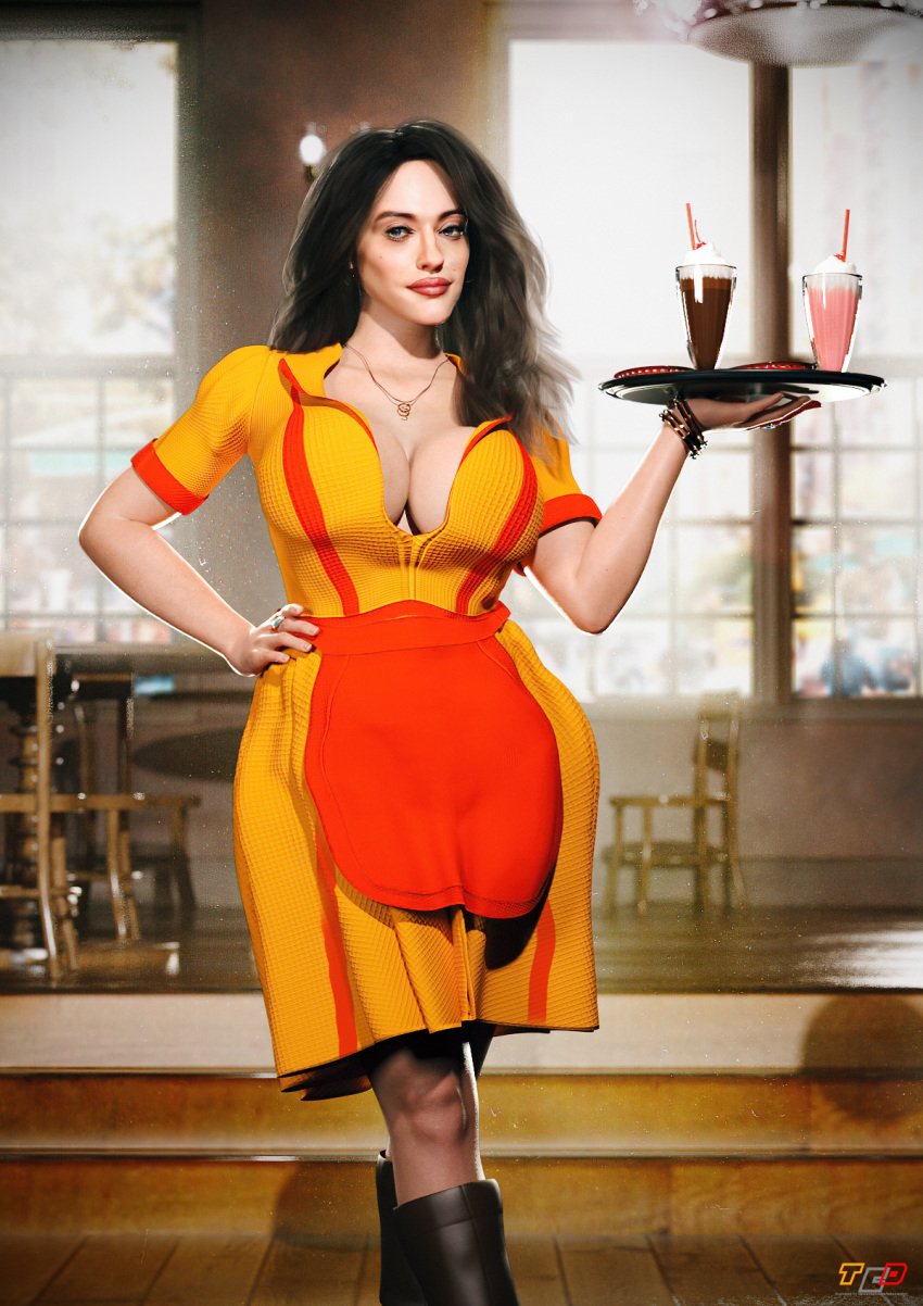 1girls 2_broke_girls 3d actress apron ass big_breasts black_hair bottom_heavy breasts celebrity clothed eyebrows eyelashes female female_only glass hips hourglass_figure huge_ass huge_breasts human kat_dennings large_ass large_breasts legs light-skinned_female light_skin long_hair mature mature_female max_black platter realistic red_apron serving_tray solo totocandy1 upper_body waist waitress waitress_outfit waitress_uniform wide_hips wooden_floor work_uniform yellow_clothing yellow_dress