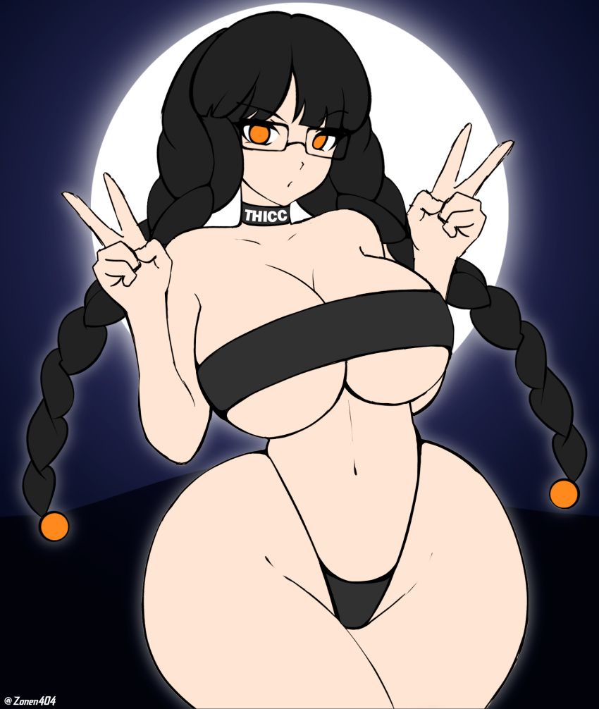 big_ass big_breasts big_butt black_hair glasses halloween_girl_(zonen404) orange_eyes thicc_witch victory_pose witch zonen404