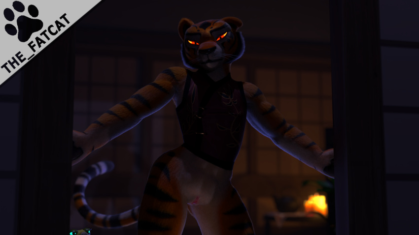 16:9 3d_(artwork) anthro ass blender_(software) clothed clothing digital_media_(artwork) dreamworks felid female fur genitals hair hi_res kung_fu_panda looking_at_viewer mammal master_tigress nude pantherine pussy solo tail the_fatcat tiger widescreen