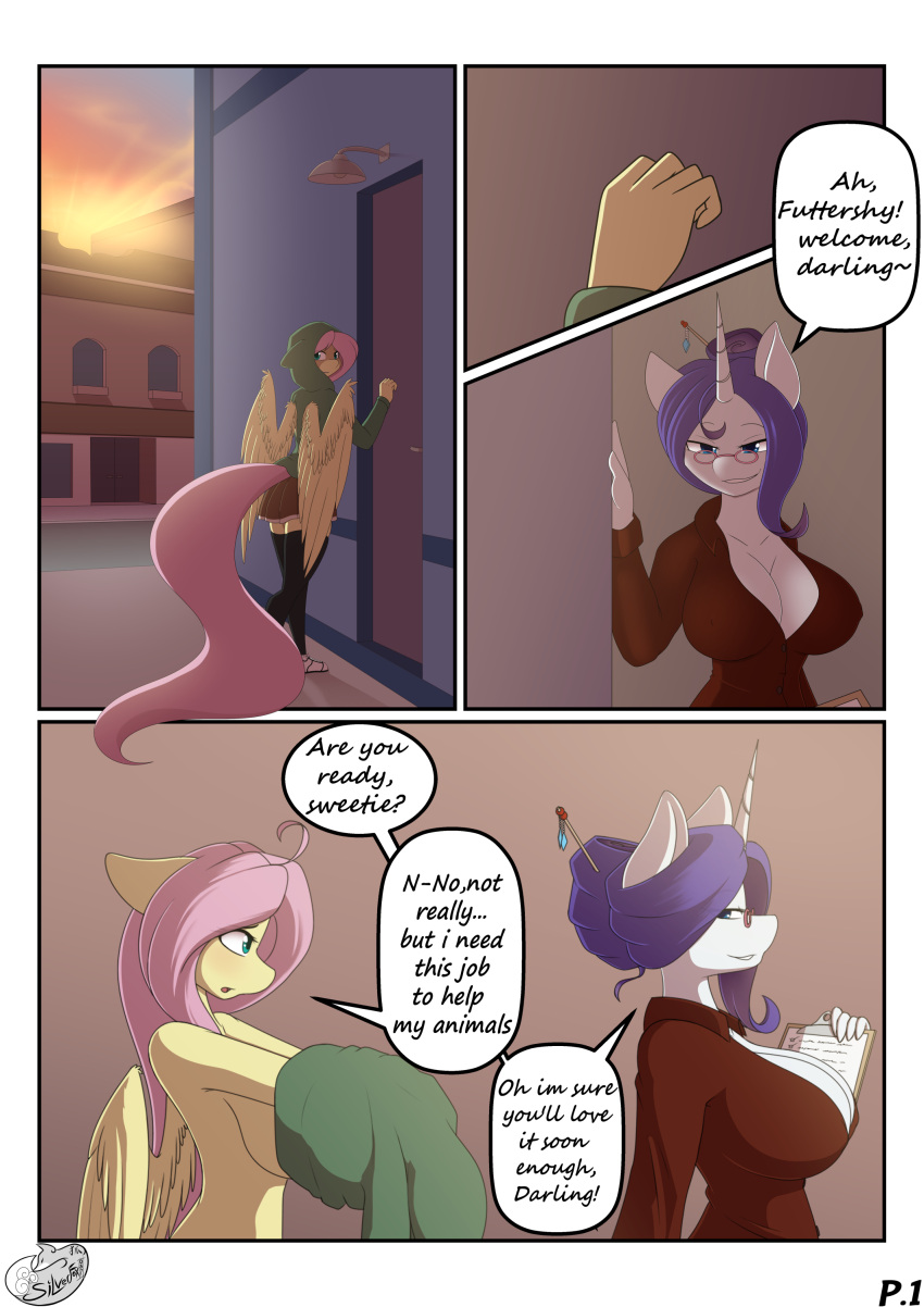 anthro bedroom_eyes blue_eyes cleavage comic english_text female_only fluttershy_(mlp) furry furry_only hasbro huge_breasts my_little_pony page_1 pegasus pink_hair purple_hair rarity_(mlp) silverfox057 skirt speech_bubble thighhighs undressing unicorn wings