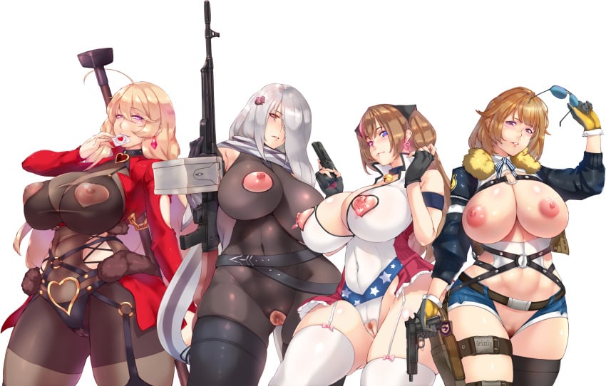 4girls aged_up aviator_sunglasses blonde_hair blue_eyes bodystocking bodysuit brown_hair condom_in_mouth condom_wrapper crotch_cutout crotchless curvaceous curvy exposed_breasts exposed_nipples exposed_pussy eyewear_removed garter_straps girls'_frontline grizzly_mkv_(girls'_frontline) gun hairy_pussy huge_breasts leotard mature_female milf mk23_(girls'_frontline) multicolored_eyes multiple_girls nipple_cutout nippleless_clothes nipples_visible_through_clothing pink_eyes pk_(girls_frontline) plump ptrd_(girls'_frontline) pubic_hair purple_eyes pussy red_eyes revealing_clothes see-through_clothing skindentation slutty_outfit sunglasses_removed thick_thighs thigh_highs transparent_clothing uncensored voluptuous white_hair yui.h