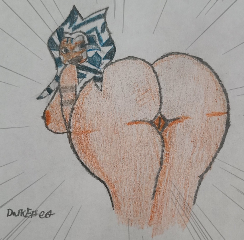 1girls 2023 ahsoka_tano bent_over breasts butt darkeffect female_only hand_drawn looking_at_viewer looking_back nude orange_skin presenting_hindquarters pussy pussy_peek rear_view simple_background star_wars text the_clone_wars the_clone_wars:_season_seven thick_thighs togruta wide_hips