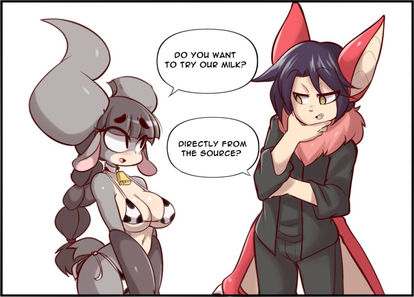 anthro bat_ears bat_humanoid big_breasts breasts chiropteran cow_print lucyfercomic original original_character original_characters roy_(lucyfercomic) text text_bubble thick_thighs wide_hips xingyun xingzuo_temple