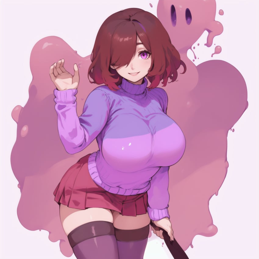 ai_generated bete_noire big_breasts brown_hair glitchtale knightnyan large_breasts pink_skirt pink_slime short_hair slime smile stockings sweater tagme undertale_(series)