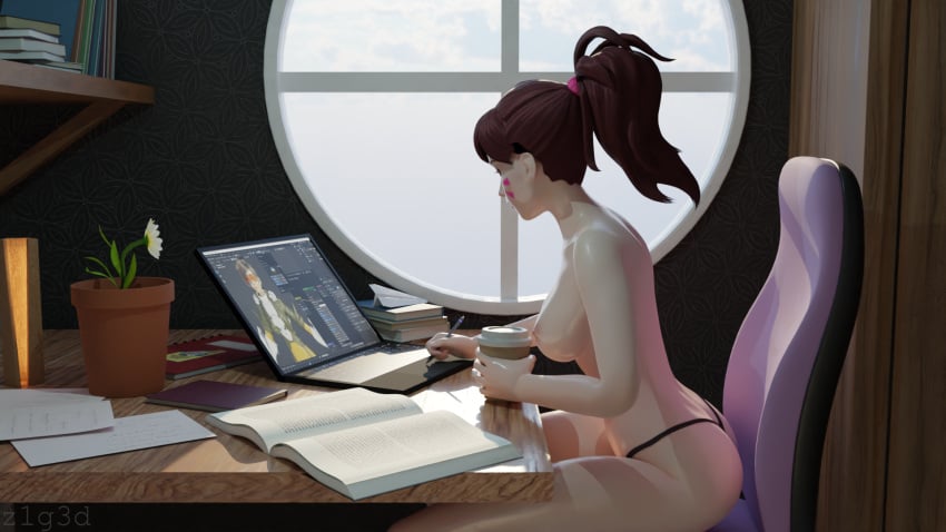 1girls 3d big_breasts big_butt big_penis casual computer d.va electronics fair-skinned_female female g-string_only hi_res high_ponytail highres human indoors laptop light-skinned_female light_skin lo-fi_beats_to_relax/study_to lofi_girl nude nude_female overwatch overwatch_2 pale-skinned_female pale_skin solo solo_female topless_female variant_set window z1g3d