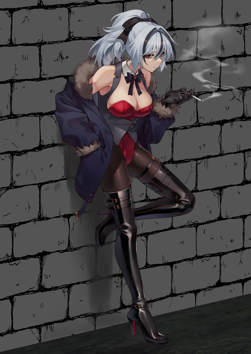 1girls belt_buckle black_gloves black_hair boots breasts brick_wall bunnysuit cigarette cleavage cleavage_cutout clothing_cutout collar detached_collar female female_only gloves hand_in_pocket high_heel_boots high_heels highres holding holding_cigarette jacket large_breasts leotard light-skinned_female light_skin looking_at_viewer momihige_(mo3hig3) multicolored_hair oc original original_character pantyhose playboy_bunny ponytail prostitution red_eyes ribbon smoking solo thigh_boots thighhighs two-tone_hair white_hair