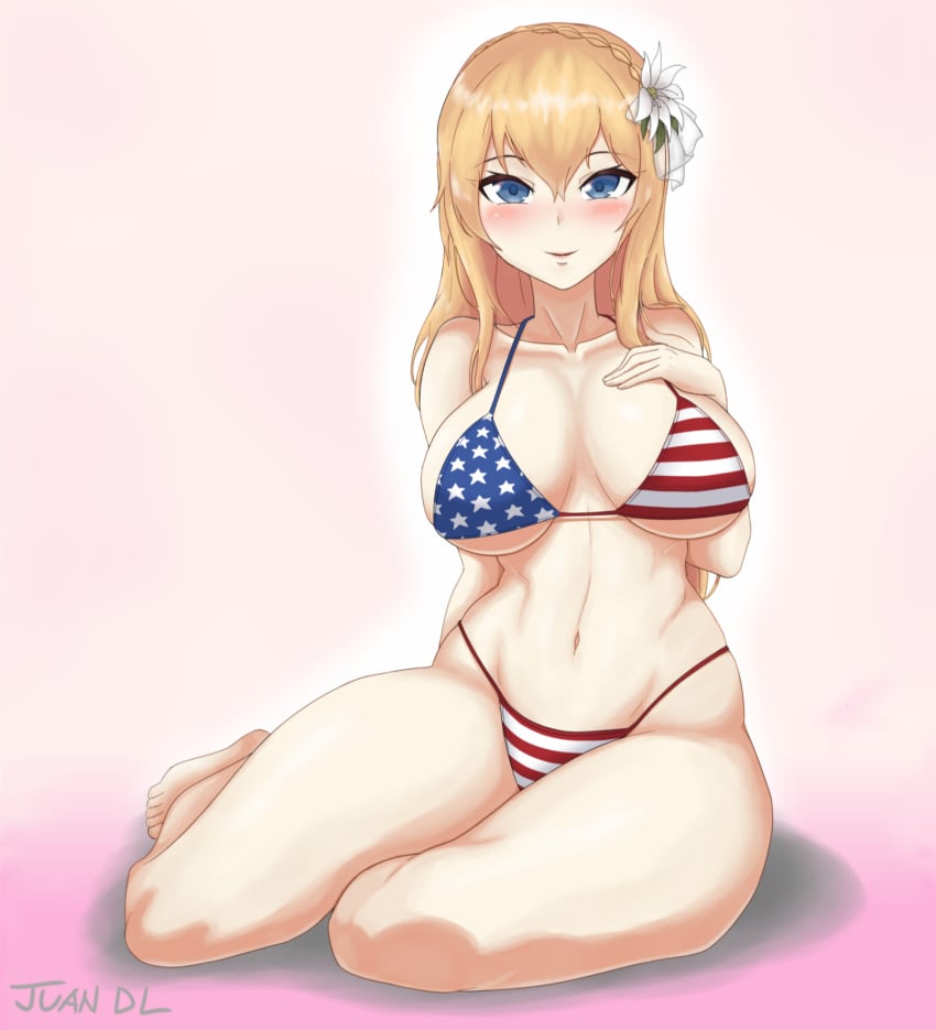 1girls american_flag_bikini bikini blonde_hair blue_eyes crown_braid female female_only flower_in_hair girls'_frontline juan_de_lata light-skinned_female light_skin looking_at_viewer mosin-nagant_(girls'_frontline) smile smiling smiling_at_viewer solo