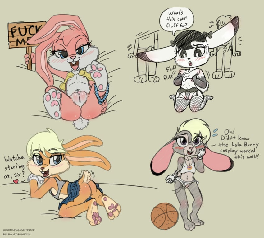 4girls absurd_res aged_down anthro anthro_only ass babs_bunny blue_eyes bottomwear clothed clothing cub english_text female female_cub female_only furnut furry furry_female furry_only genitals grey_body group hi_res lagomorph leporid lola_bunny looking_at_viewer looney_tunes mammal multiple_girls nipples open_mouth pink_body pussy rabbit spread_legs spreading text tiny_toon_adventures topwear underwear warner_brothers young