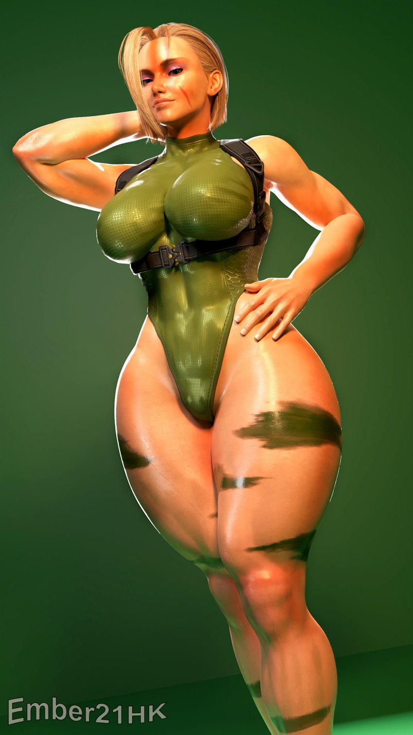 2k 3d big_breasts blender blender_(software) blender_cycles blonde_female blonde_hair british cammy_white capcom clothed clothed_female ember21hk hand_on_head hand_on_hip leg_markings leotard looking_at_viewer muscles shiny_skin short_hair smirking street_fighter street_fighter_6 thick_hips thick_legs thick_thighs white_skin