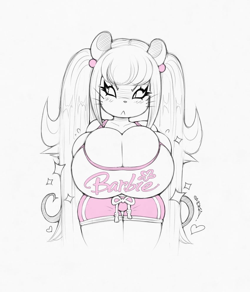 angry_face black_eyes bursting_breasts cleavage cleavage_overflow hotpants huge_breasts long_hair mascara massive_breasts monochrome mouse mouse_ears mouse_tail shortstack smutbunny tank_top thick_thighs tiffy_cheesecake twintails young