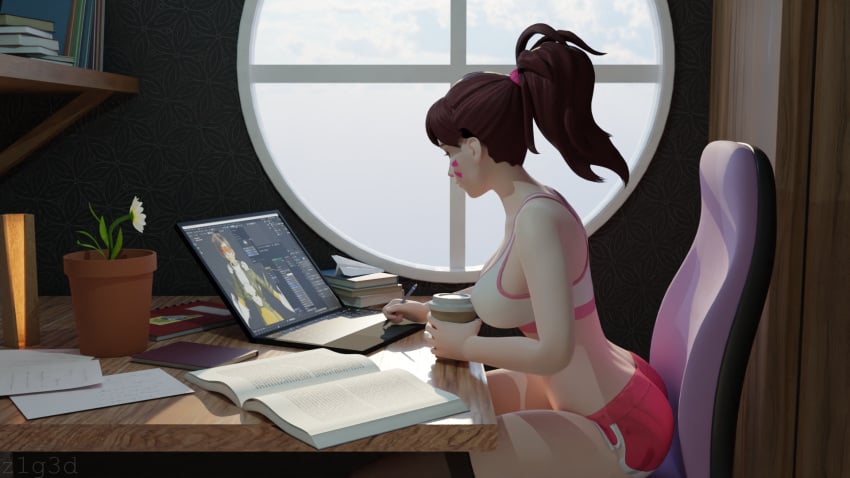 1girls 3d big_breasts big_butt big_penis clothing computer d.va dolphin_shorts electronics female hi_res highres human laptop light-skinned_female light_skin lo-fi_beats_to_relax/study_to lofi_girl overwatch overwatch_2 pale_skin solo solo_female sportswear variant_set z1g3d