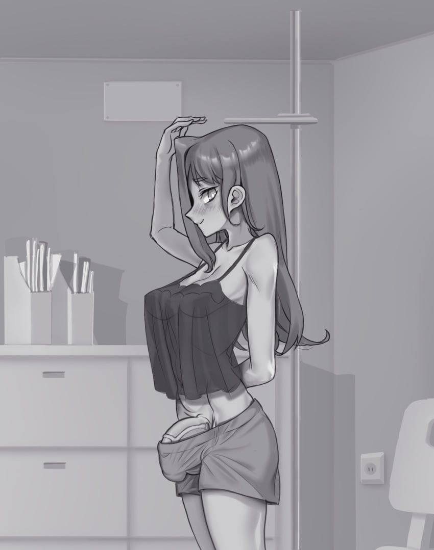 1futa balls big_penis blush breasts bulge clothed clothing futa_only futanari greyscale human looking_at_another medium_breasts monochrome mostly_clothed oc original_character panzermeido penis penis_peek secunduspublius side_view solo standing young