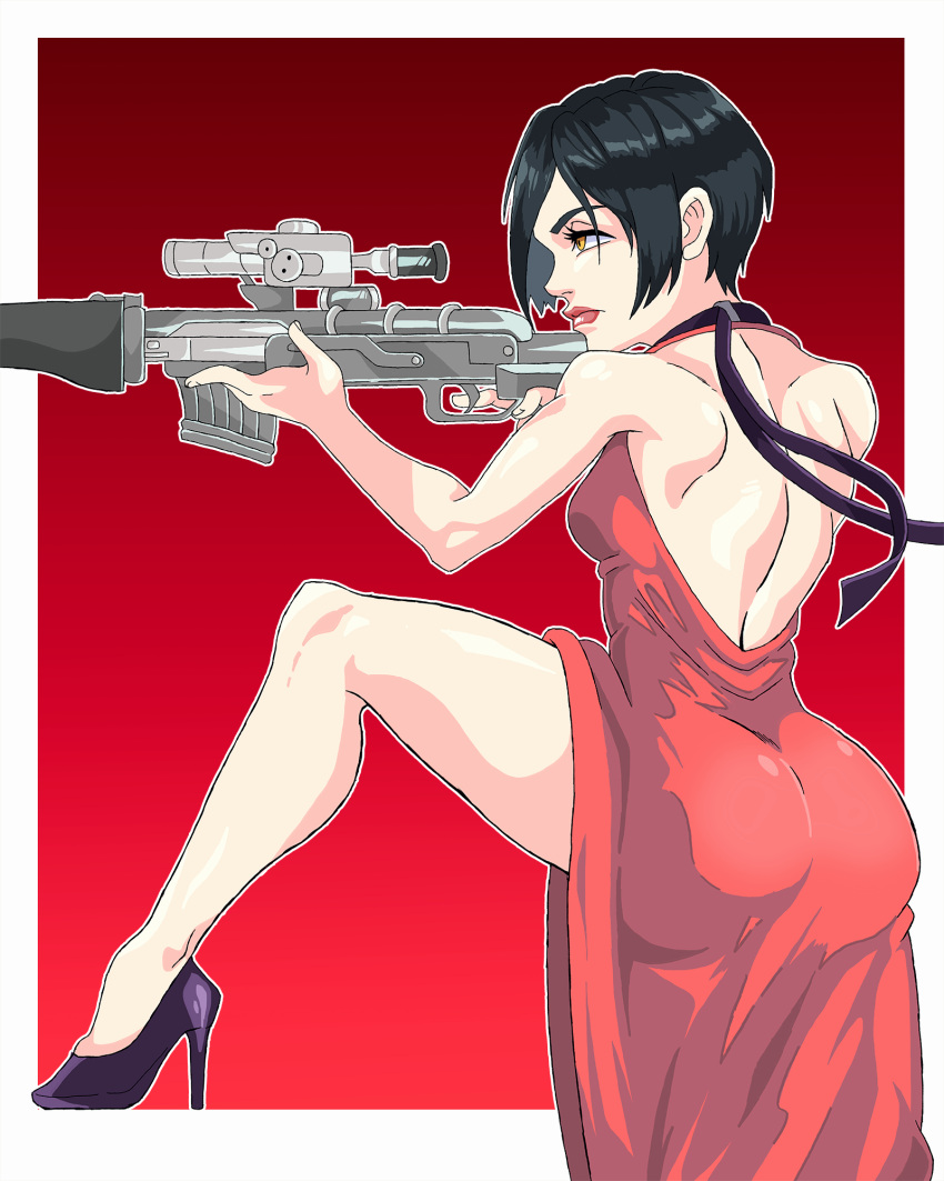 1girls 2d 2d_(artwork) ada_wong ass back back_view backboob big_ass big_butt biohazard black_hair blumper3 bubble_butt capcom clothed clothed_female clothing dress female female_focus female_only gun high_heels human human_female human_only light-skinned_female light_skin lipstick looking_away no_sex not_ai_generated paag pale-skinned_female pale_skin red_background red_dress resident_evil resident_evil_4 sfw short_hair sniper sniper_rifle thick_ass thick_thighs thighs tight_clothing weapon white_border