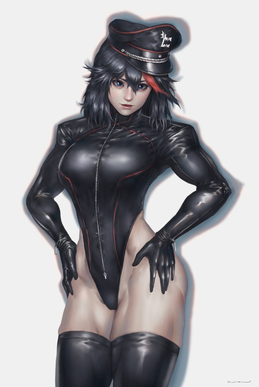 1girls big_breasts black_hair blue_eyes dominatrix female female_only hands_on_hips hat high_leg_leotard highres kill_la_kill latex latex_leotard latex_stockings leotard looking_at_viewer matoi_ryuuko military_cap military_hat muscular muscular_female nipples prinzkuon short_hair solo solo_female solo_focus thighhighs thong_leotard tomboy zipper