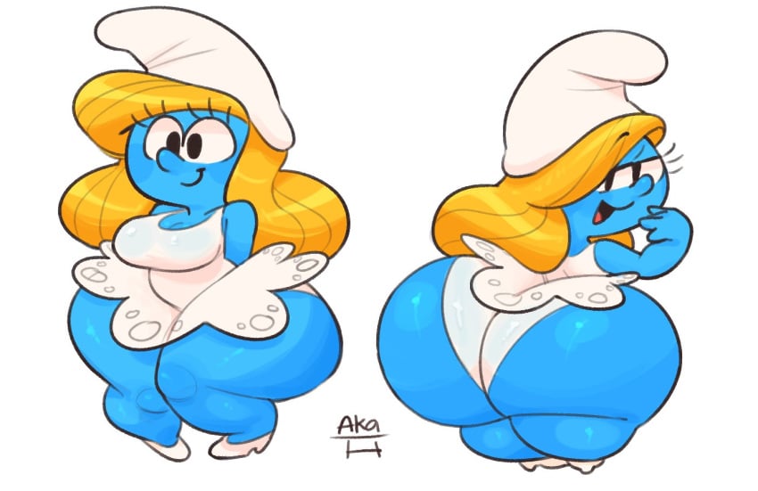 aka_h ass big_ass blonde_hair blue_skin bottom_heavy dress fat_ass female hanna-barbera hat huge_ass looking_back panties shoes smurfette the_smurfs underwear