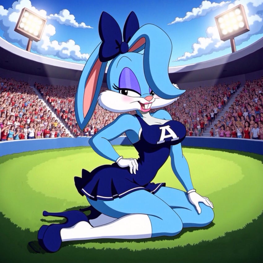 ai_generated anthro buster_bunny busty_bunny cheerleader cheerleader_uniform furry highres mtf_transformation pleated_skirt rule_63 tiny_toon_adventures