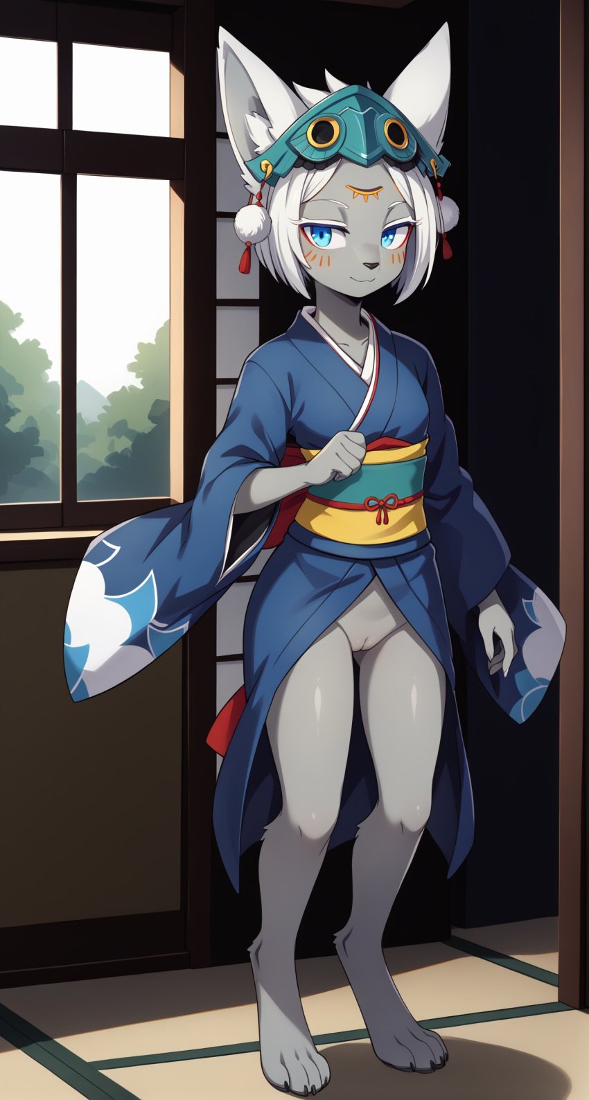 1girls 2024 ai_generated anthro blue_eyes bottomless bottomless_female digitigrade female female_only grey_body hi_res indoors innie_pussy japanese_clothes kimono looking_at_viewer mineru nintendo pussy short_hair smile the_legend_of_zelda the_legend_of_zelda:_tears_of_the_kingdom white_hair zonai